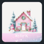 Pink Christmas Personalized Gingerbread House  Square Sticker<br><div class="desc">Enhance your holiday packages with this charming pink Christmas village gingerbread house sticker. It features a frosty, snow-covered pink gingerbread house adorned with treats, accompanied by a tiny snowman and surrounded by winter pine trees. The sticker's base is pink, speckled with white dots to mimic falling snow. Add a name...</div>