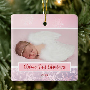 Pink Christmas Photo Snowflake First Christmas Ceramic Ornament