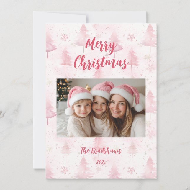 Pink Christmas Pine Trees Photo Holiday Card (Front)