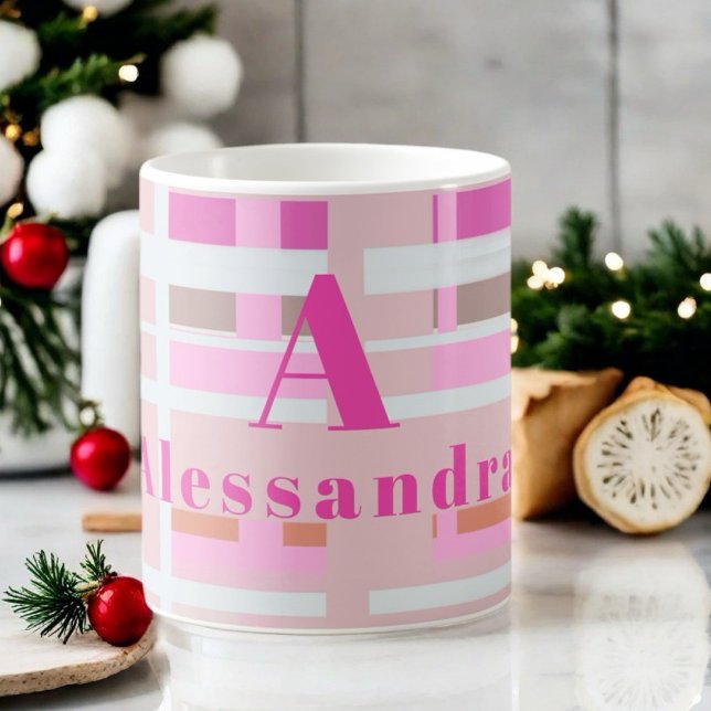 Pink Christmas plaid monogram blush white modern Coffee Mug (Creator Uploaded)