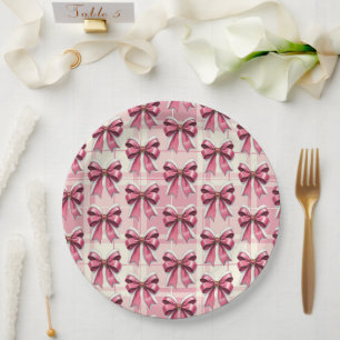 Pink Christmas Plaid Santa Bows Paper Plates