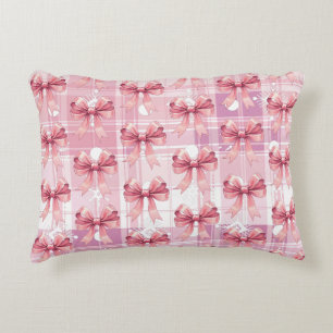 Pink Christmas Plaid Snowflakes Bow Coquette  Accent Pillow