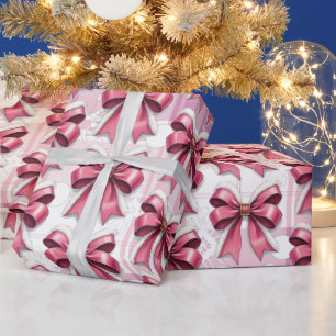 Pink Christmas Plaid Snowflakes Bow Pattern Wrapping Paper