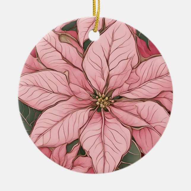 Pink Christmas Poinsettia Design Ceramic Ornament (Front)