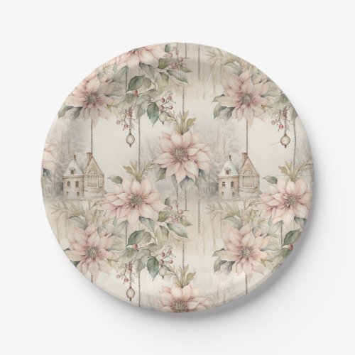 Pink Christmas Poinsettia Dreams Paper Plates