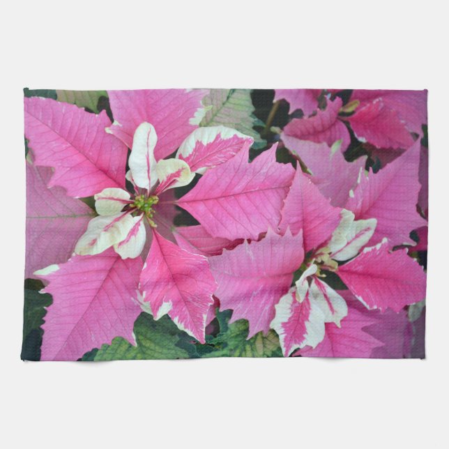 Pink christmas poinsettia flowers kitchen towel (Horizontal)