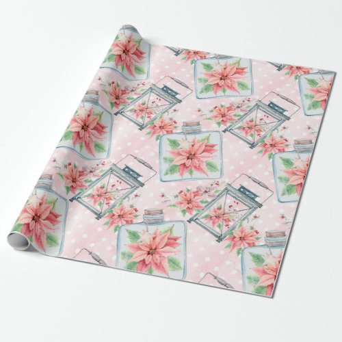 Pink Christmas Poinsettia Flowers Wrapping Paper