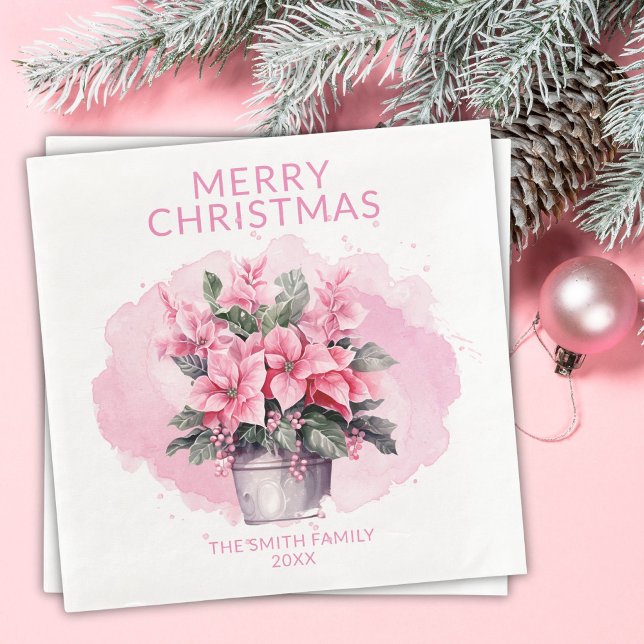 Pink Christmas Poinsettias Party Paper Dinner Napkins (Creator Uploaded)