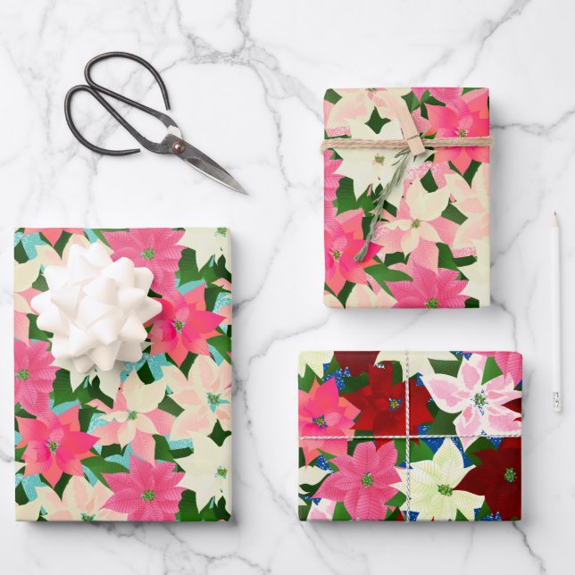 Pink Christmas Poinsettias  Wrapping Paper Sheets (Front)