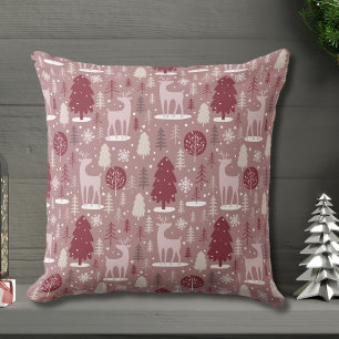 Pink Christmas Reindeer and Trees Forest Throw Pillow