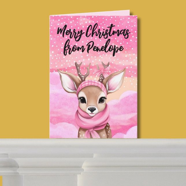 Pink Christmas Reindeer Personalized Cute Holiday Card (Creator Uploaded)