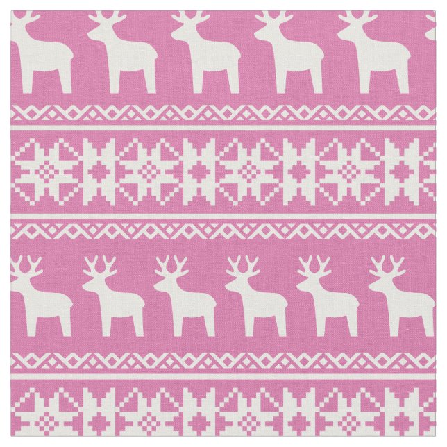Pink Christmas Reindeer Snowflake Pretty Pattern Fabric (Close Up)