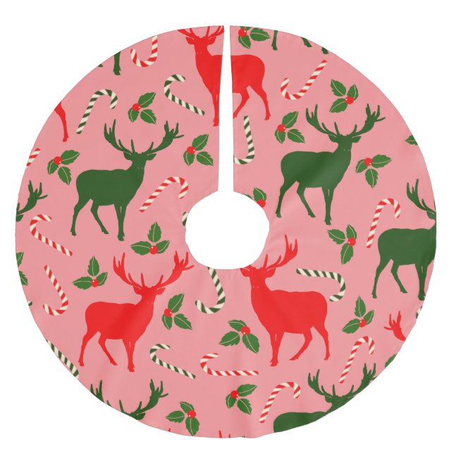 pink christmas reindeers brushed polyester tree skirt (Front)
