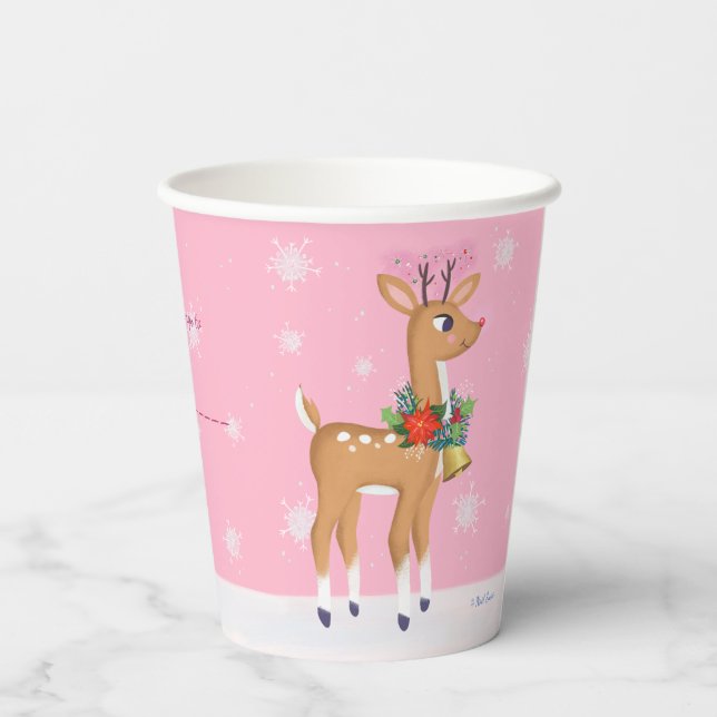 Pink Christmas Retro Rudolph Paper Cups (Back)