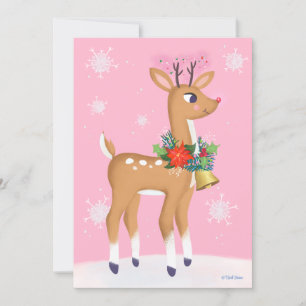 Pink Christmas Retro Rudolph Personalize Flat Card