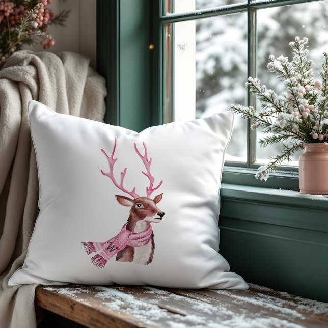 Pink Christmas Retro Vintage Reindeer Monogram Throw Pillow (Pink Christmas Retro Vintage Reindeer Monogram Throw Pillow)