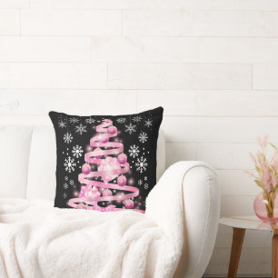 Pink Christmas Ribbon Tree Snowflake Holiday Decor Throw Pillow