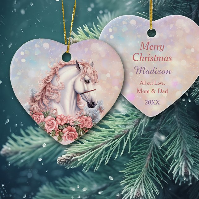 Pink Christmas Rose Bouquet White Horse Kids Ceramic Ornament (Creator Uploaded)