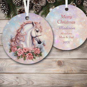 Pink Christmas Rose Bouquet White Horse Kids Metal Ornament
