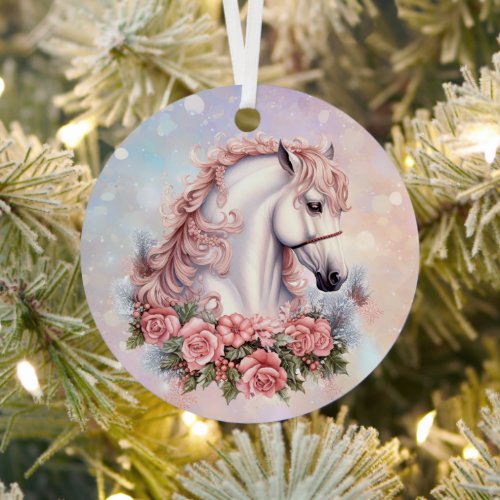 Pink Christmas Rose Bouquet White Horse Kids Metal Ornament