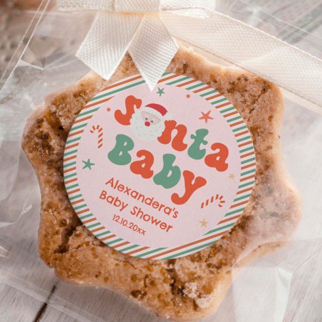 Pink Christmas Santa Baby Baby Shower Favor  Classic Round Sticker (Creator Uploaded)