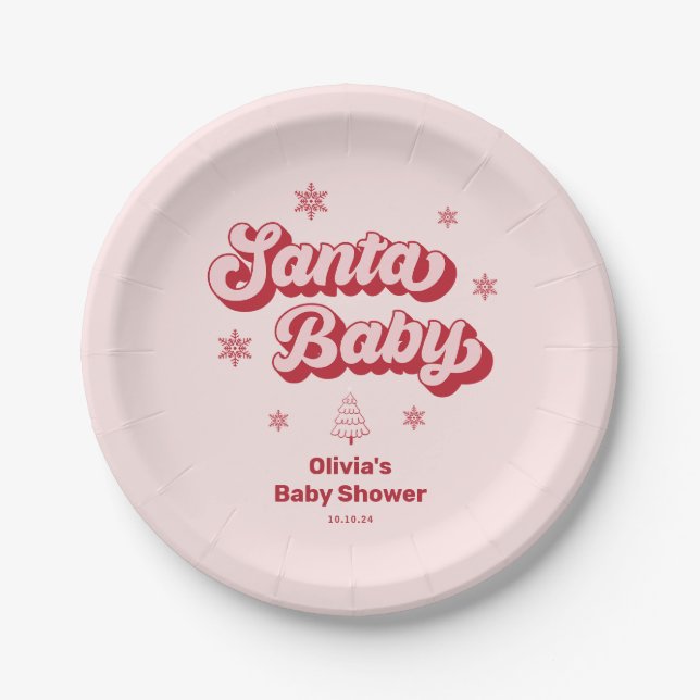 Pink Christmas Santa Baby Baby Shower Paper Plates (Front)