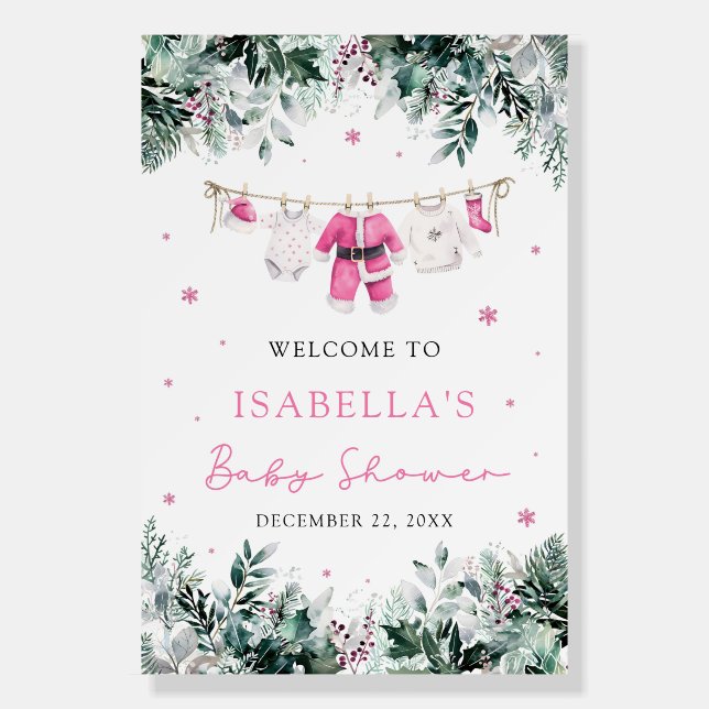Pink Christmas Santa Baby Baby Shower Welcome Sign (Front)