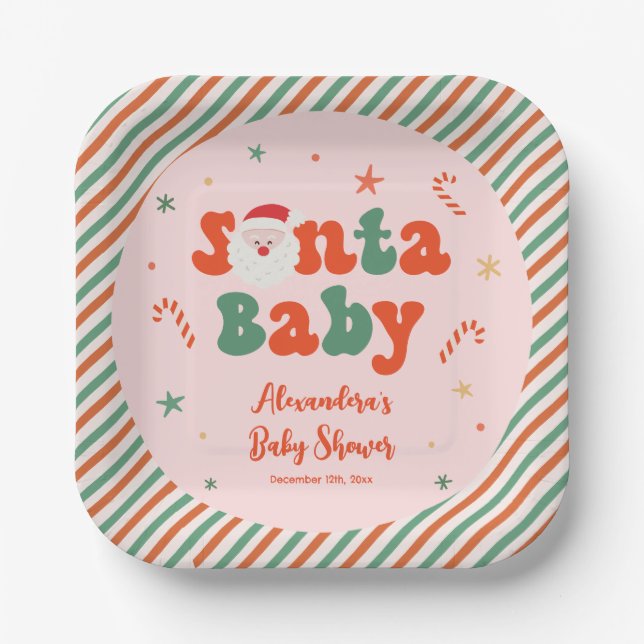Pink Christmas Santa Baby Shower Paper Plates (Front)