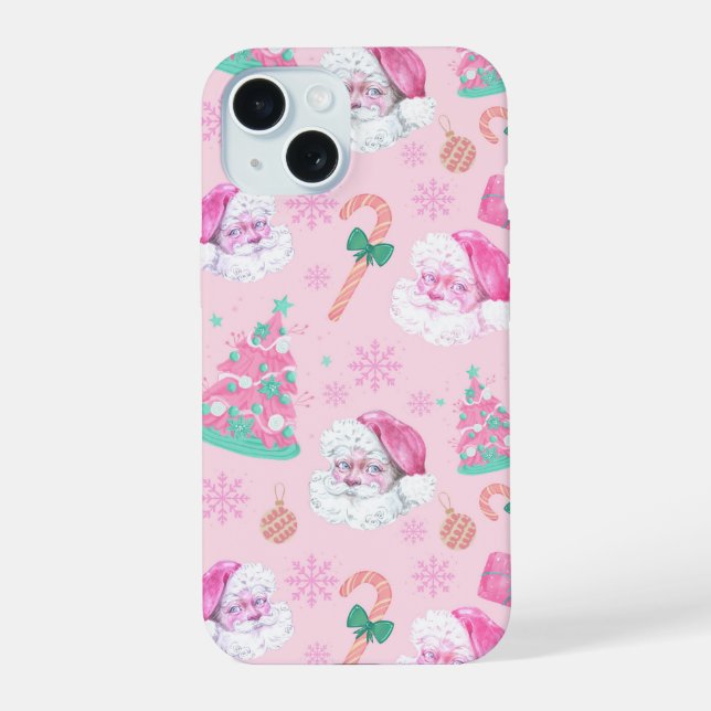 Pink Christmas Santa Clau & Tree Seamless Pattern Iphone Case (Back)