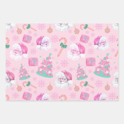 Pink Christmas Santa Clau &amp; Tree Seamless Pattern Wrapping Paper Sheets