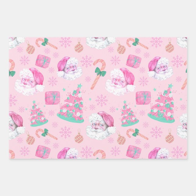 Pink Christmas Santa Clau & Tree Seamless Pattern Wrapping Paper Sheets (Front)
