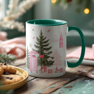 Pink Christmas Santa Reindeer North Pole Village Two-Tone Coffee Mug