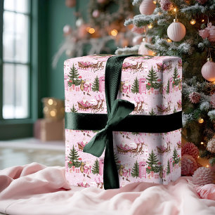 Pink Christmas Santa Reindeer North Pole Village Wrapping Paper