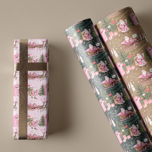 Pink Christmas Santa Reindeer North Pole Village Wrapping Paper Sheets