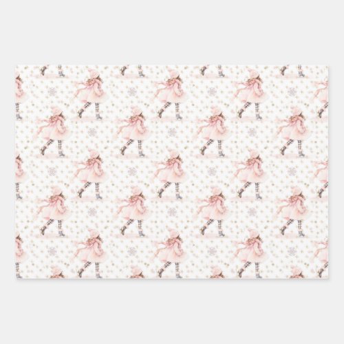 Pink Christmas Skating Girl  Wrapping Paper Sheets