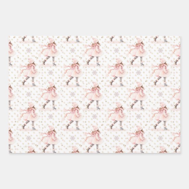 Pink Christmas Skating Girl  Wrapping Paper Sheets (Front)