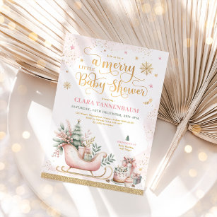 Pink Christmas Sleigh   A Merry Little Baby Shower Invitation