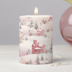 Pink Christmas Snow Scene Pillar Candle