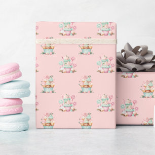 Pink Christmas Snowflake Cupcake Birthday Wrapping Paper