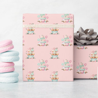 Pink Christmas Snowflake Cupcake Birthday Wrapping Paper