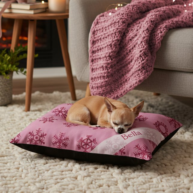 Pink Christmas Snowflake Pattern Festive Dog Bed (Perfect pink pet bed for cats and dogs. Just add their name)