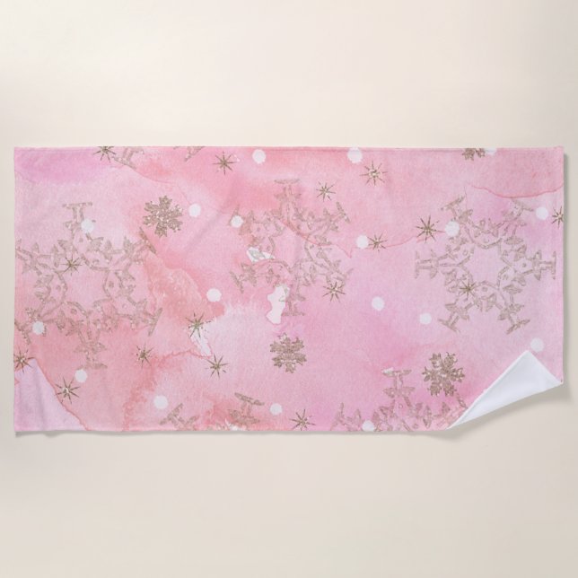 Pink Christmas Snowflakes Boho Pattern Beach Towel (Front)