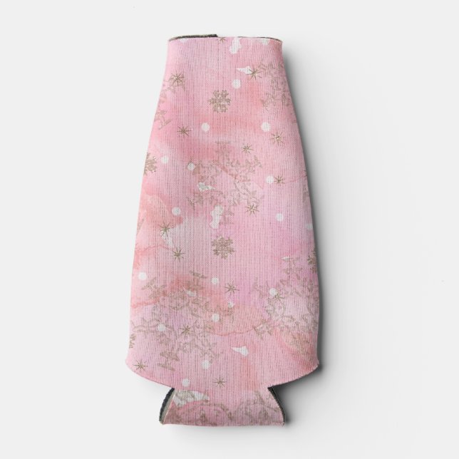 Pink Christmas Snowflakes Boho Pattern Bottle Cooler (Front)
