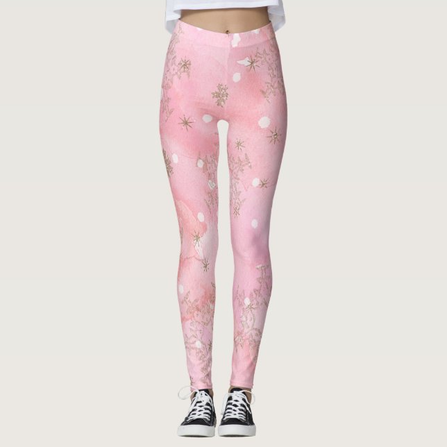 Pink Christmas Snowflakes Boho Pattern Leggings (Front)