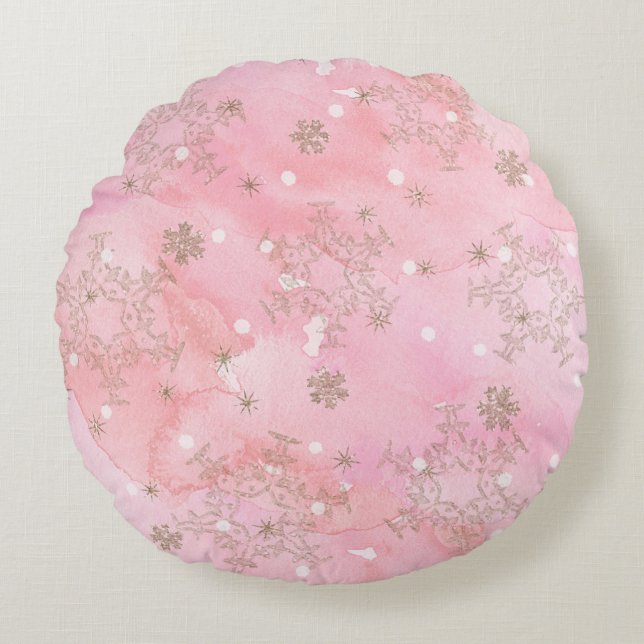Pink Christmas Snowflakes Boho Pattern Round Pillow (Front)
