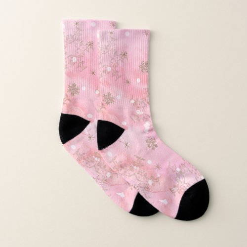 Pink Christmas Snowflakes Boho Pattern Socks