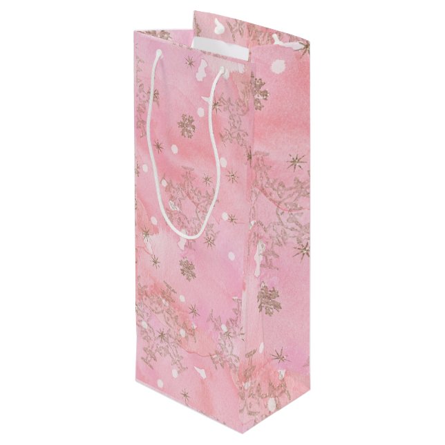 Pink Christmas Snowflakes Boho Pattern Wine Gift Bag (Back Angled)
