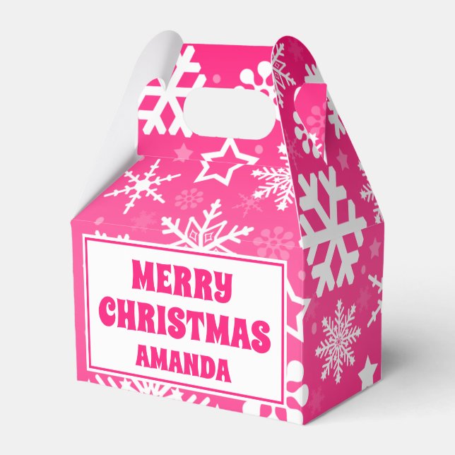 Pink Christmas Snowflakes Personalized Kids Party Favor Boxes (Front Side)