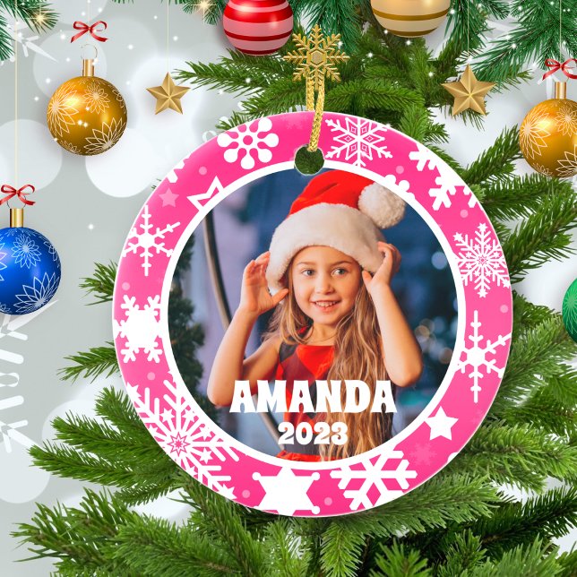 Pink Christmas Snowflakes Personalized Kids Photo Ceramic Ornament (Creator Uploaded)