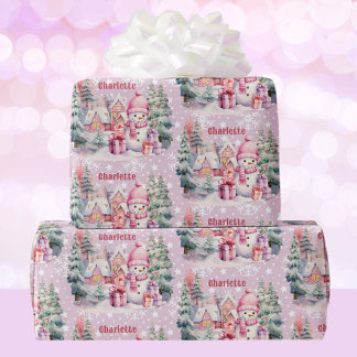 Pink Christmas Snowman add Girl's Name Wrapping Paper